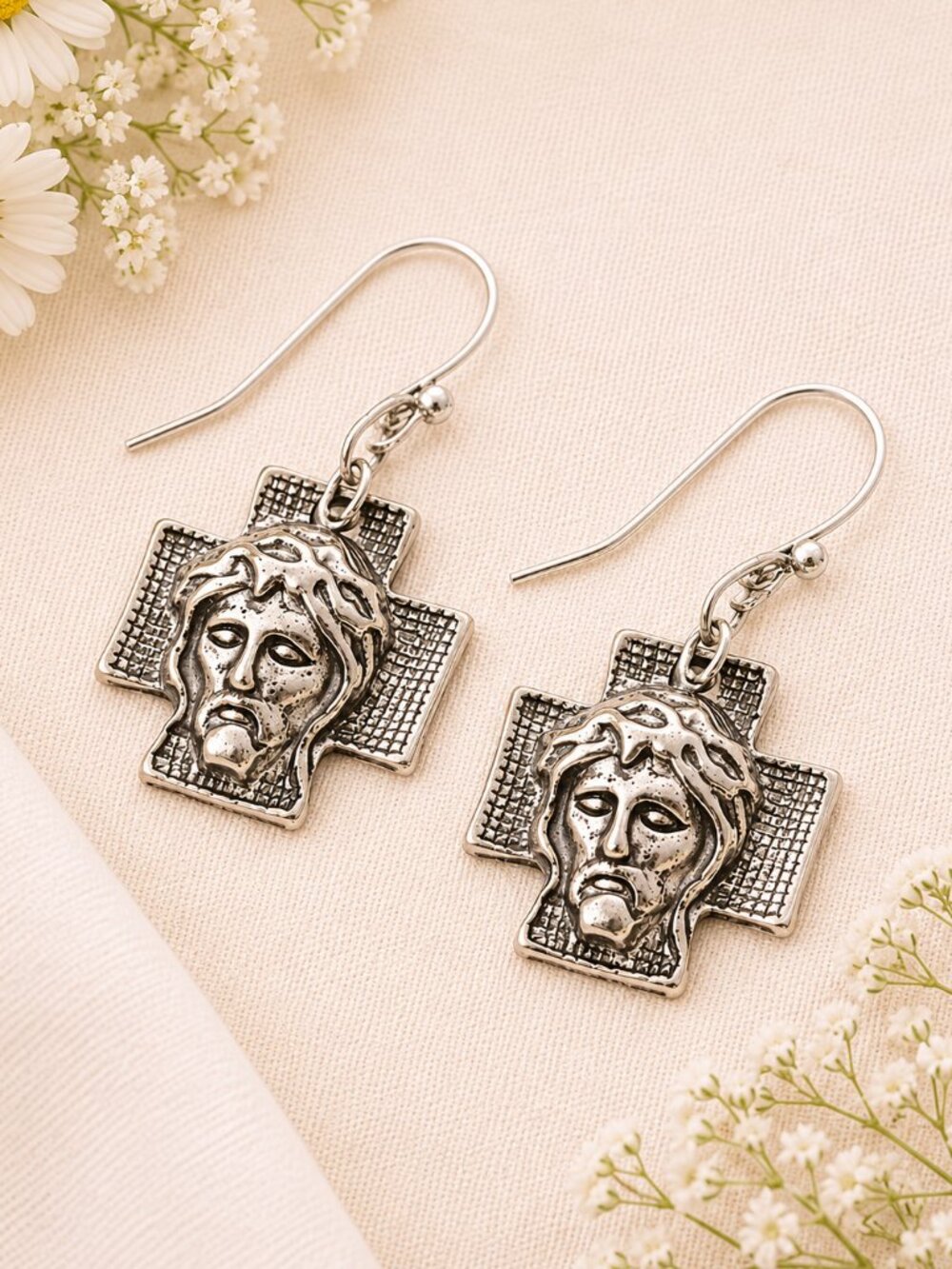Antiqued Silver Jesus on the Cross Dangle Earrings